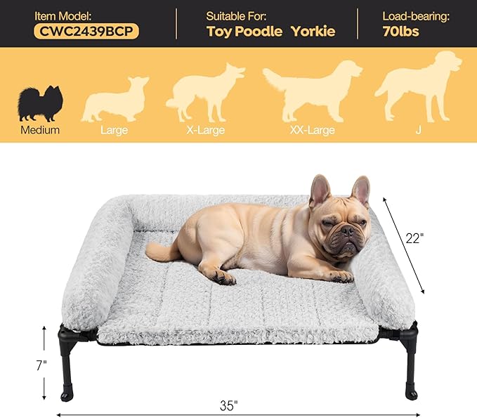 Veehoo Orthopedic Elevated Dog Bed Add Removable Deluxe Rose Plush Bolster Cushion Mat, 35" x 22" Washable Dog Couch Bed, Raised Pet Cot with Breathable Teslin Mesh, No-Slip Feet, Grey, CWC2439B