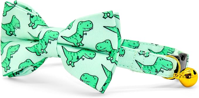 Cat Bow Collar, Green Dinosaur Pattern, Quick Release Safety Buckle, (6" - 10")