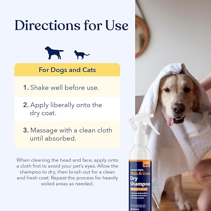 Honest Paws Dog Dry Shampoo - Waterless No Rinse Spray Formula Reducing Itch Cleanse Hydrate Nourish Dry Skin and Smelly Coat Help Decrease Odor Shedding and Allergies - Coconut & Mango - 8 oz