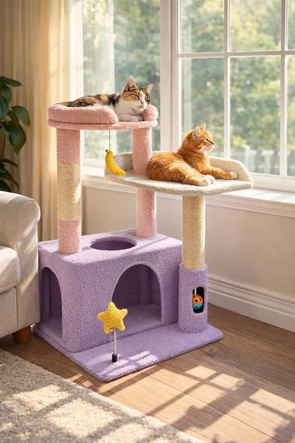 32" Cute Cat Tower for Indoor Kittens with Cat Condo, Plush Platform, Hammock, Sisal Scratching Posts, Dangling Ball, Tall Cat Tree Tower with Self-Grooming Brush (Moonlit Violet)