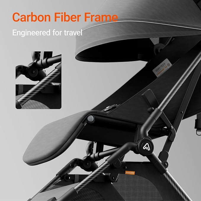 MAMAZING Lightweight Baby Travel Stroller with Carbon Fiber Frame, Compact & Airplane-Friendly, One-Handed Folding Design, 11.6 lbs, Perfect for Toddlers, Black