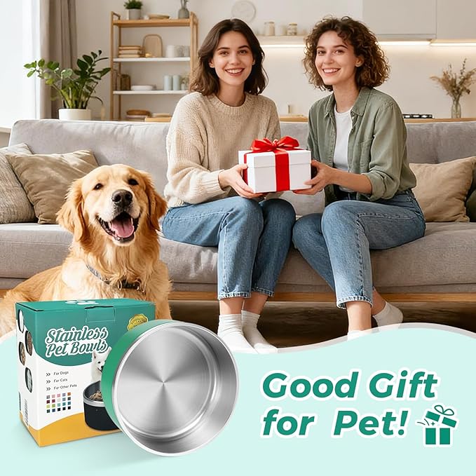 LIHONG Stainless Steel Dog Bowls for Large Dogs,Dog Food Water Bowls with Non Slip Rubber Bottom,Pet Feeding Bowl,Double Wall Insulated,Rustproof(64oz,Deep Green)