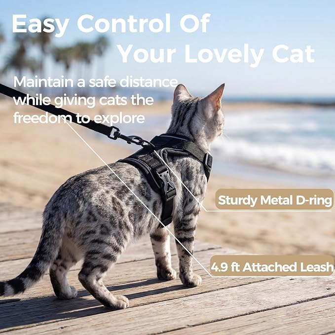 Cat Harness and Leash Set Escape Proof Tactical Large Kitten Harness Emotional Support Cat Vest, Black, L
