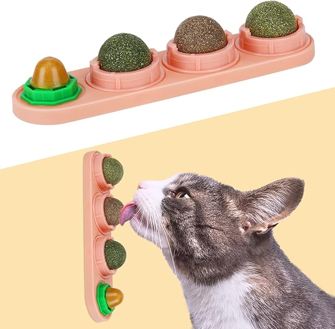 SINROBO Catnip Ball for Cats Wall, 4 Pack Catnip Toys, Silvervine Balls, Edible Kitty Toys for Cats Lick, Safe Healthy Kitten Chew Toys for Teeth Cleaning Dental, Cat Wall Treats (Pink, 4)
