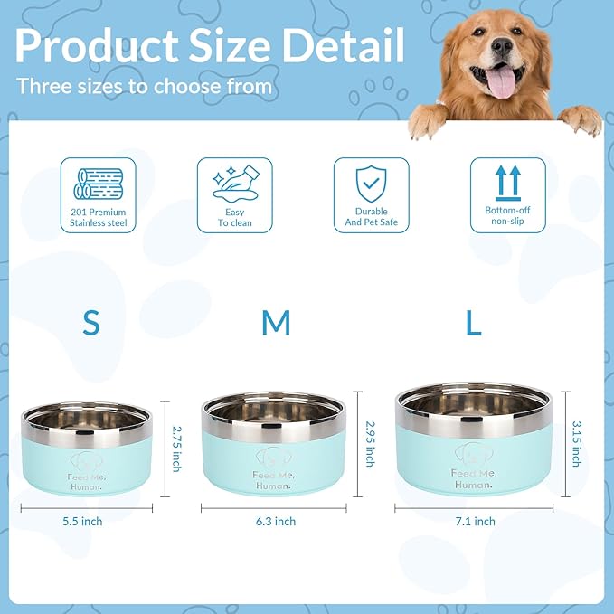 Large Dog Bowl – 50oz – “Feed Me, Human.” – Laser Engraved Non-Slip Stainless Steel Bowl for Large Dogs – Blue