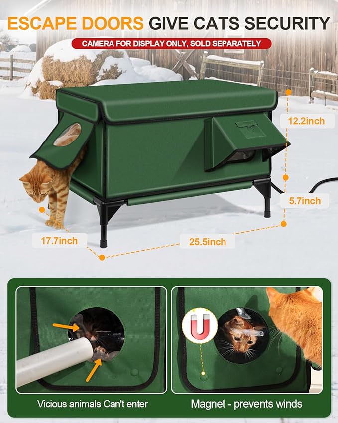 Outdoor Heated Cat House in Winter,Extremely Insulated & Weatherproof,Elevated Feral Cat Shelter with Waterproof Eaves & Escape Door for Outside Stray Barn Cat (Army Green,L)