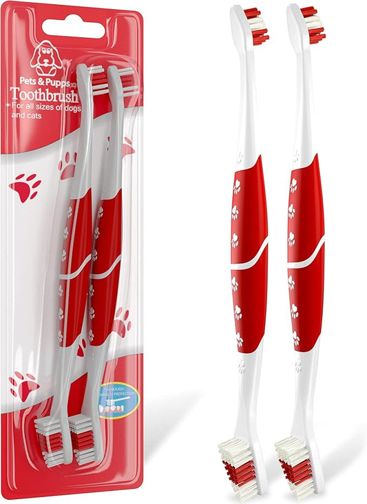Pet Toothbrush for Dogs, Cats with Soft Bristles - Easy Teeth Cleaning & Dental Care, Non Slip Dual Head Dog Toothbrush for Medium & Large Pets, Toothpaste Not Included, Pack of 2