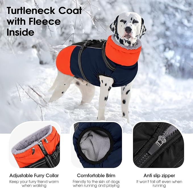 SUNFURA Dog Coat, XXXL Dog Jacket with Harness Built in, Waterproof Pet Winter Coat Snowsuit with Zip, Reflective Fleece Jacket for Extra Large Dogs, Great Dane, Blue 3XL