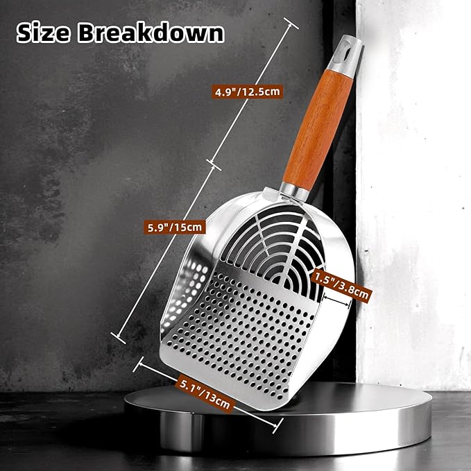 Ownpets Stainless Steel Cat Litter Scoop with Stand - Durable Wood Handle, Double-Wide Holes, Quick-Filter Design, Easy to Clean