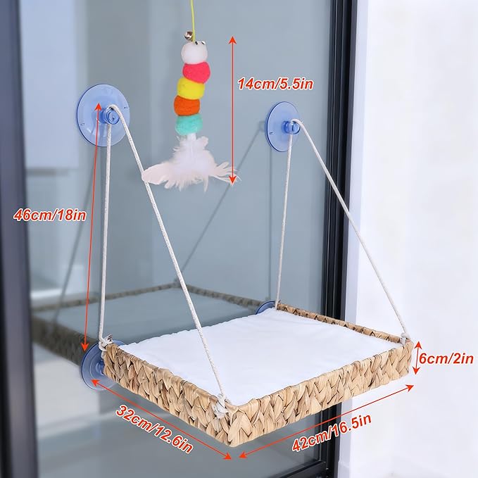 Cat Window Perch with Industrial-Grade Suction Cups and Ball Toy, Cat Window Hammock - 45 lbs Capacity, Handwoven Straw Sturdy Hanging Bed Seat Soft Cushion for Large Heavy Cats
