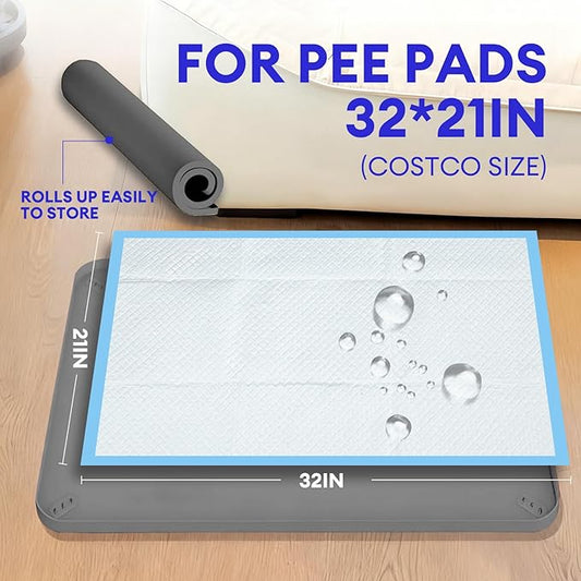 Pee Pad Holder for Dogs, 32"x21" Foldable Silicone Puppy Pad Tray with Built-in Clamps, Raised Edge Leak-Proof Potty Training Mat, Non-Slip Tear-Resistant Dog Pad Holder for Floor Protection
