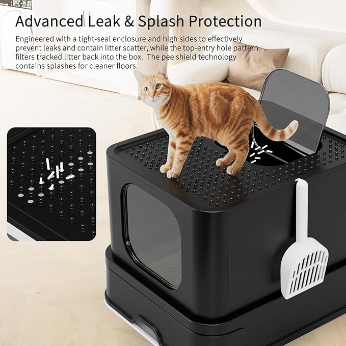 RIZZARI Stainless Steel Cat Litter Box: Large Leak-Proof Odor-Free Design - XXL All Black - for Indoor Cats Pet Owners Solution