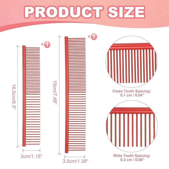 Dog Cat Comb, Pet Combs Stainless Steel Teeth with Rounded Ends for Knots Mats Loose Hair Removal, 6.5/7.5IN (Red Coated, 2 Pack), Grooming Tool Intended for Long Curly Hair Pet