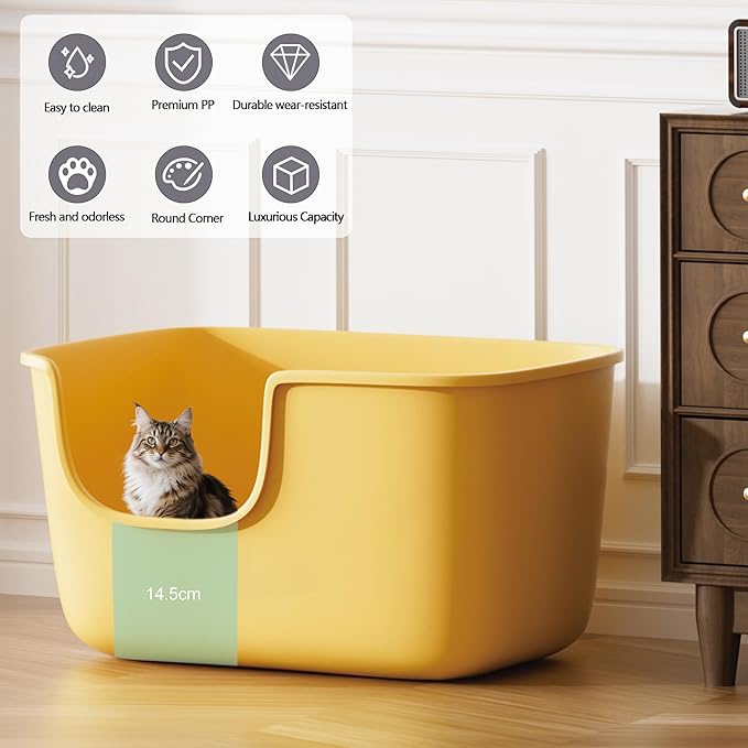 Vealind Large Cat Litter Box for Indoor Cats High Sided and Low Entry Litter Box 22.2"×14.9"×12" Tall Litter Boxes with High Back Deep Wall XL Cat Litter Boxes (Yellow)