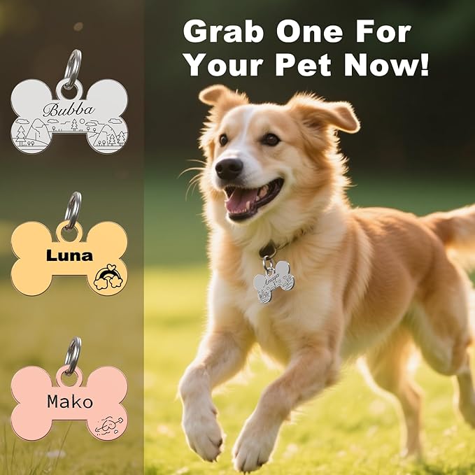 Custom Pet ID Tag - Laser Engraved Both Sides, Polished Stainless Steel, Smooth-Edged Bone Shape.