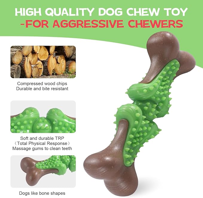 Durable Dog Chew Toys for Large Dogs - Tough Bone-Shaped Dental Chew with TPR Rubber & Wood Fiber, Teething & Aggressive Chewer Toys for Medium/Large Breed, Long-Lasting Teeth Cleaning & Stimulation
