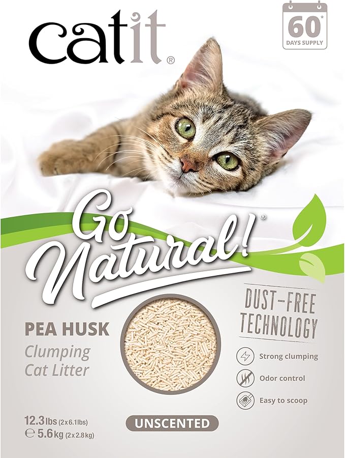 Catit Go Natural Pea Husk Clumping Cat Litter – Unscented, 12.3 lbs – Plant-Based, Eco-Friendly, Dust-Free & Flushable Cat Litter – Natural Clumping Formula, Low Tracking, Highly Absorbent