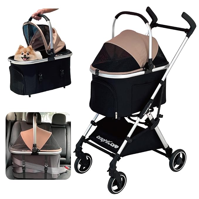 Pet Stroller for Small Dogs & Cats Under 20 lb with Detachable Carrier, Converts to Car Seat, Ultra-Lightweight only 11lb, One-Hand Fold