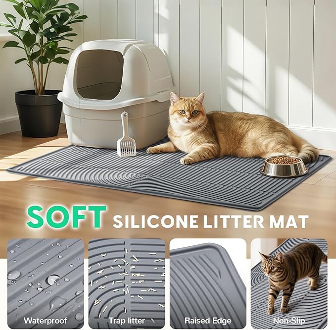 Cat Litter Box Mat,40" x 28" Extra Large Silicone Waterproof Litter Trapping Mat for Scatter Control Soft on Kitty Paws Non-Slip Easy to Clean