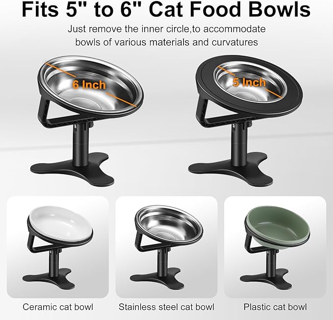 Raised Cat Bowls,Indoor Cats with Height-Adjustable Stand,Non-Slip Stainless Steel Bowls,15° Tilted Cat Food Bowls (2-Pack, Black)