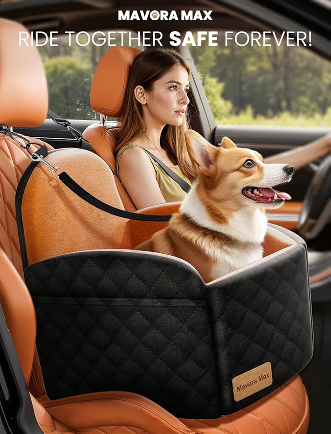 Mavora Max Dog Car Seat for Small/Medium Dogs, Elevated Dog Booster Seat Memory Foam Puppy Car Seat with Washable Cover, Travel Safety Pet Seat for Car with Storage Pockets Up to 35 lbs (Black/Brown)