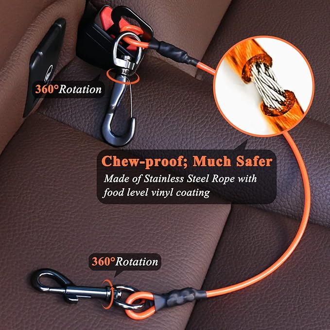 VIVAGLORY Dog Seat Belt Tuffbelt Dog Car Harness, Seatbelt with Clip & Hook for Car Travel, Chew Proof Anti Chew Unchewable Metal Safety Tether Restraint, S, Orange