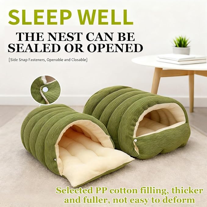 Removable and Washable Winter Closed-Off Cat Bed, Pet Indoor Cave for Cats, With Removable Cushion, Cozy Warming Fluffy Pet Bag for Small and Medium Dogs and Cats (Green L for 16.5lbs Cat & 11lbs Dog)