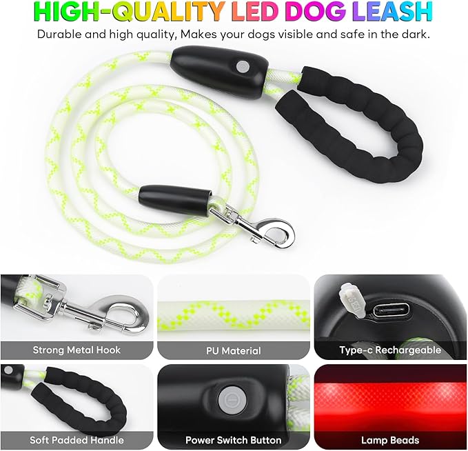 YFbrite 5FT Light up Dog Leash with 15 Flashing Modes - Super Bright LED Dog Leash for Small Medium Large Dogs - Type-c Rechargeable Dogs Leashes Light (Multi-Color, 5FT (150cm))