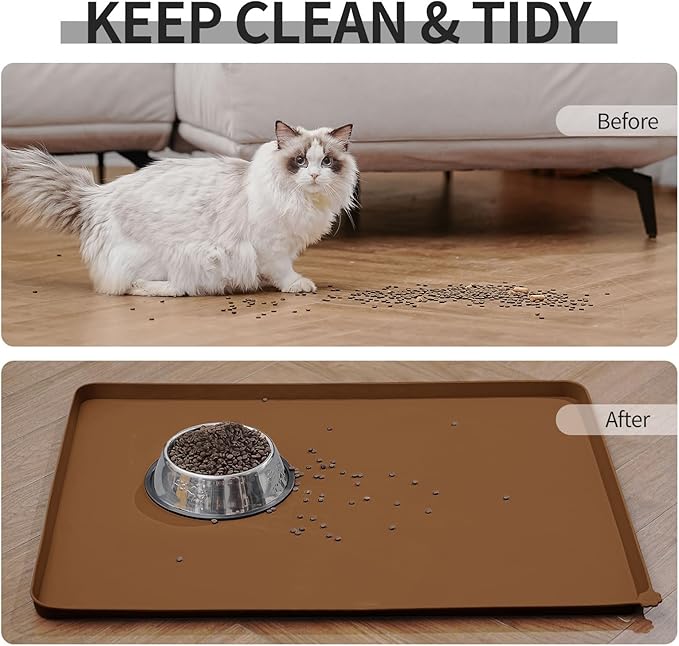 Reopet Waterproof Pet Feeding Mat with High Raised Edges, Heavier and Thicker Placemats for Cat Dog Water Bowl with BPA Free, Dogs Cats Food Mats for Messy Drinkers to Prevent Spill and Protect Floors