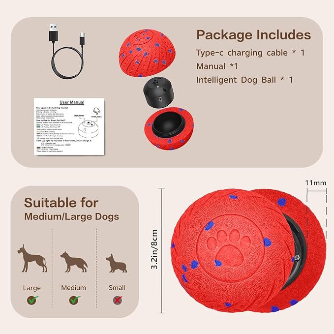 SUJF Interactive Dog Ball, Smart Interactive Dog Toys for Medium and Large Dogs, Automatic Moving, Bouncing, and Rotating Pet Balls with E-TPU Material, IP54 Waterproof Dog Toy to Keep Them Busy