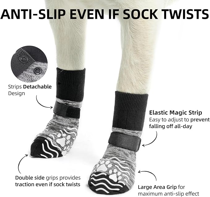 PUPTECK Anti Slip Dog Socks, Shoes with Grippers to Prevent Licking Hardwood Floors Traction, Rubber Boots & Paw Protectors for Small Medium Large Dogs Cold/Hot Pavement, Senior Dogs Booties Grey