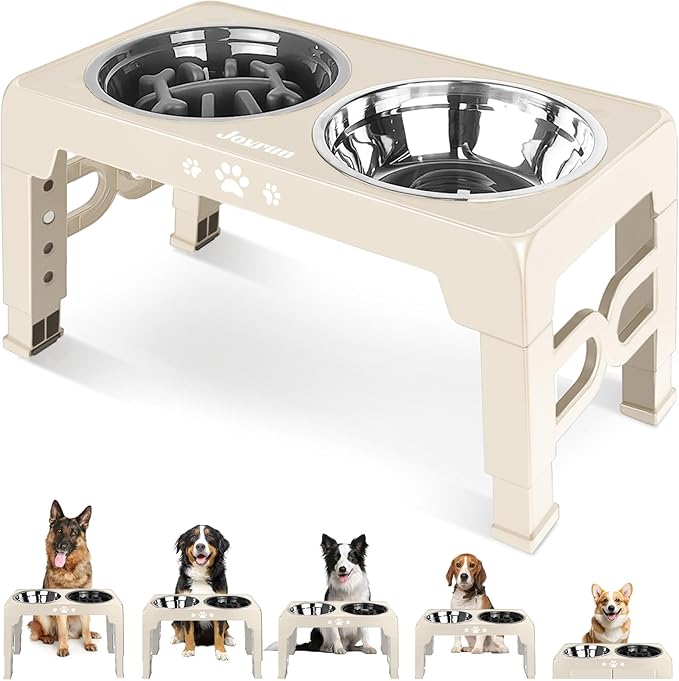 Elevated Dog Bowls, Dog Feeder with Stainless Steel Dishes & Slow Feeder Bowl, 5 Heights Adjustable Raised Stand for Medium Large, Food Dishes with Non-Slip Feet
