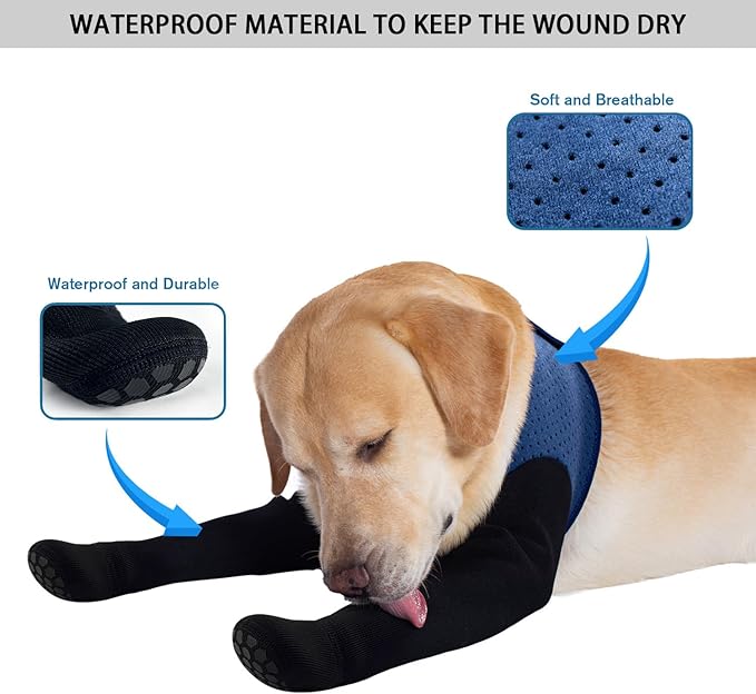 COODEO Dog Socks & Paw Protectors - Front Paws Only, Non-Slip Waterproof Dog Boots to Prevent Paw Licking, Protect Wounds & Aids Post-Surgery Recovery (Blue, M)