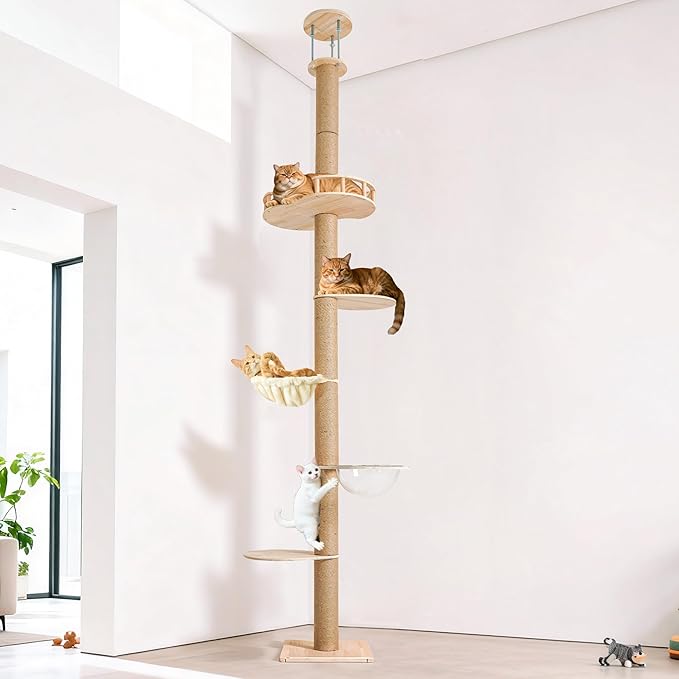 Floor to Ceiling Cat Tree, Adjustable Height (50-120in), 5 Level Tall Cat Tree Tower, Cats Activity Center with Scratching Post, Jump Platform, Hammock & Capsule, Space-Saving Design for Indoor Cats