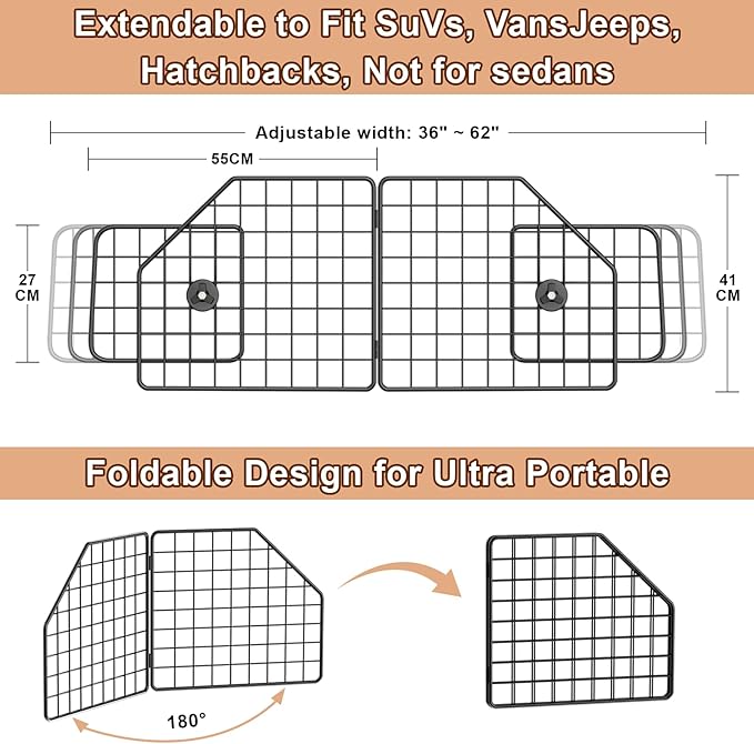 Dog Barrier for SUV,Adjustable Pet Barrier for car 36" to 62" Width for Trucks, SUV, Vans,Heavy-Duty Wire Mesh Barriers Safety Travel Accessories,Pet Travel Barriers