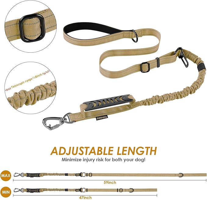 AUBELL Tactical Dog Leash Heavy Duty,4-6ft Reflective Strong No Pull Bungee Leash for Medium Large Dogs with Comfortable Padded Double Handle,Car Seat Belt,360 Degree Rotating Carabiner,Brown