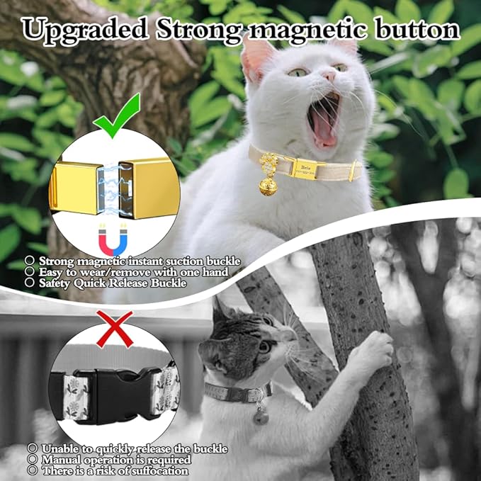 Personalized Breakaway Cat Collars - Magnetic Buckle, Bell - Safety Quick Release, Customized for Girls & Boys Cats- (Velvet-White)