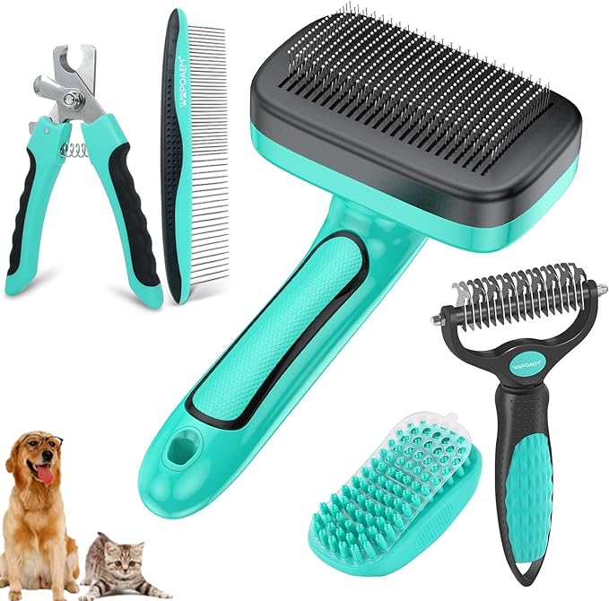 5 PCS Self Cleaning Slicker Brush & Pet Grooming Rake & Bath Brush & Nail Clippers & Pet Comb for Dogs and Cats,Professional Deshedding Dematting Tool for Long and Short Haired Pets