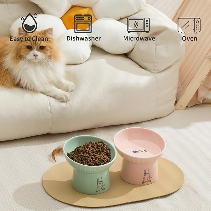 TAMAYKIM 6.5 Inch Tilted Extra Wide Raised Ceramic Cat Bowls, Round Food and Water Bowls for Elder Big Cats and Small Dogs, Elevated Pet Feeder Dish, Stress Free, Protect Cat's Spine, Pink & Green