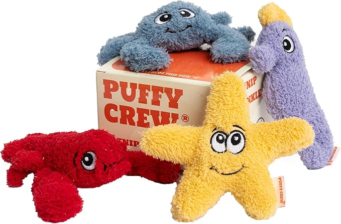 Puffy Crew 4 Pack Interactive Catnip Cat Plush Toy, Ocean Theme Set, 5'', for All Breed Size Cats (4 in 1)