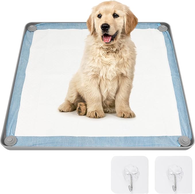 Silicone Dog Pee Pad Holder 24 x 24, No-Spill Raised Edge Potty Tray for Puppies, Puppy Pee pad Holder, Leak-Proof Non-Slip Training Pad Holder with High Sides, Easy-Clean Waterproof Mat with 2 Hooks