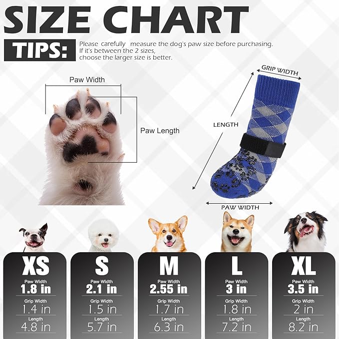 EXPAWLORER Dog Socks for Cold Winter Snow to Prevent Licking Paws, Anti Slip Doggie Booties Grippy Shoes for Hardwood Floors, Boots & Paw Protectors for Small Medium Large Senior Dogs Blue S