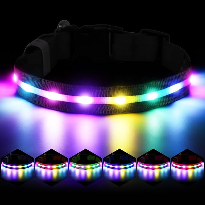 Fiveda Light Up Dog Collar, USB Rechargeable 6 Modes, Waterproof Charging Port, Long Lasting LED Collar - Adjustable Nylon Reflective for Dogs, Sizes S/M/L (7/9/11 Lights) - Black, L