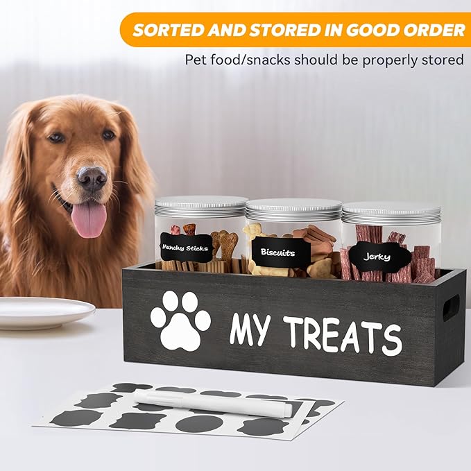 qeerable Dog Treat Jar for Countertop - Dog Treat Container with 3 Jars - Pet Food Organizer For Puppy - Airtight Grey Wooden Dog Treat Storage With Lids - Great Gift for Pet Dog Owners
