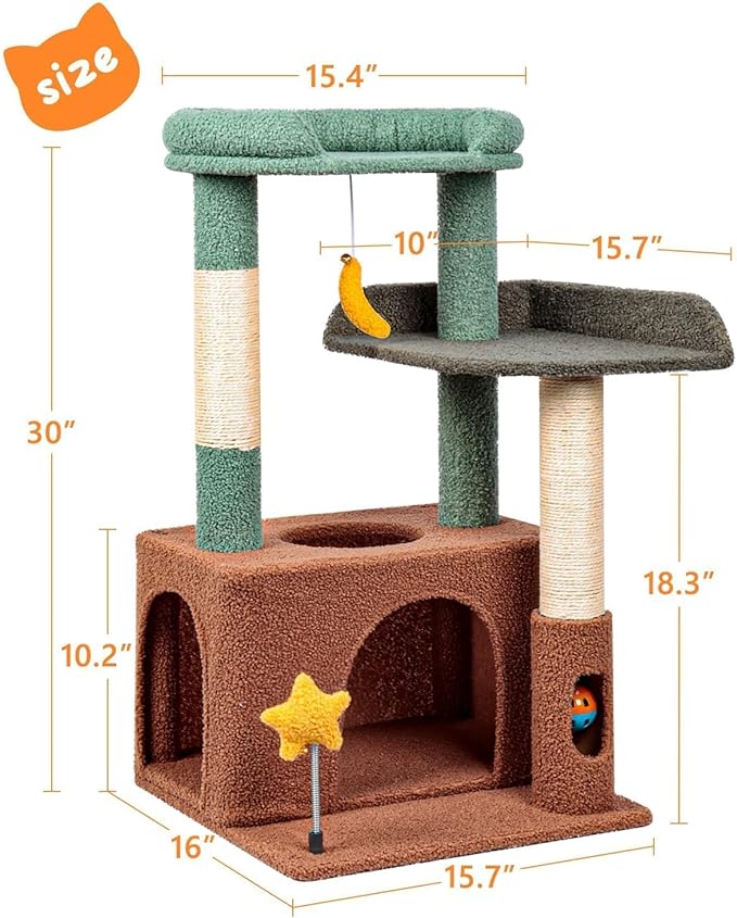 32" Cute Cat Tower for Indoor Kittens with Cat Condo, Plush Platform, Hammock, Sisal Scratching Posts, Dangling Ball, Tall Cat Tree Tower with Self-Grooming Brush (Olive Green)