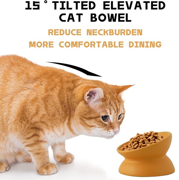 Ceramic Raised Cat Bowl, Cat Food Bowls Elevated Tilted, Ceramic Pet Bowl Whisker Friendly, Anti Vomit & Reduce Neck Burden for Food and Water (Yellow)