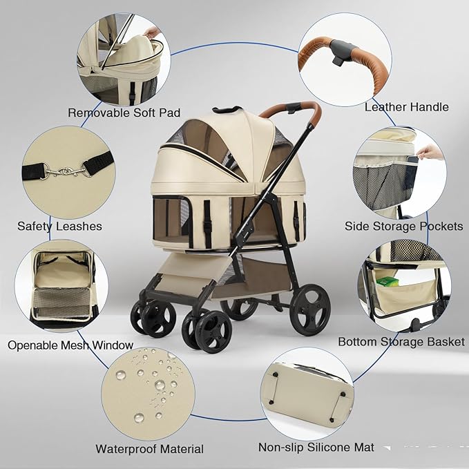 4 Wheels Pet Stroller for Small/Medium Dogs and Cats with Detachable Carrier and Storage Basket,One Click Folding, Compact Portable,3 in1 Multifunctional (Khaki)