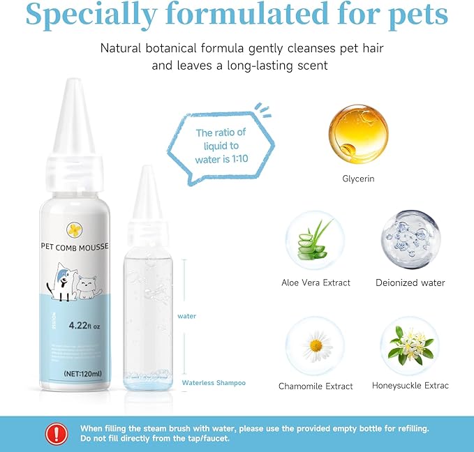 Pet Steam Brush for Dog & Cat – 3-in-1 Spray Hair Removal Comb – Steam for Shedding & Grooming – Water Brush for Long & Short Haired Pets – Spritz Defur Comb – Includes Waterless 2*Shampoo