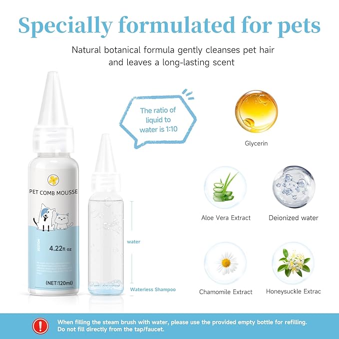 Pet Steam Brush Dog Cat Grooming Comb Shedding, Floating Hair, Smooth & Detangling, Gentle Cool Mist Softens Hair Reduces Static Helps Pets Who Dislike Bathing,Includes Shampoo and paw cleaning foam