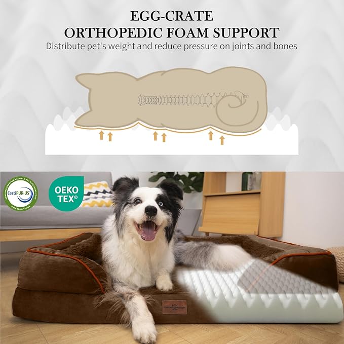 Comfort Expression Orthopedic Dog Bed for Large Dogs 38x25 Inch, Waterproof Supportive Egg Crate Foam Large Pet Bed with Removable Bolsters, Dog Couch with Washable Cover & Non-Slip Bottom, Dark Brown
